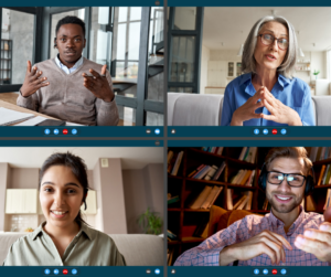 Four people using online collaboration tools to have a virtual call