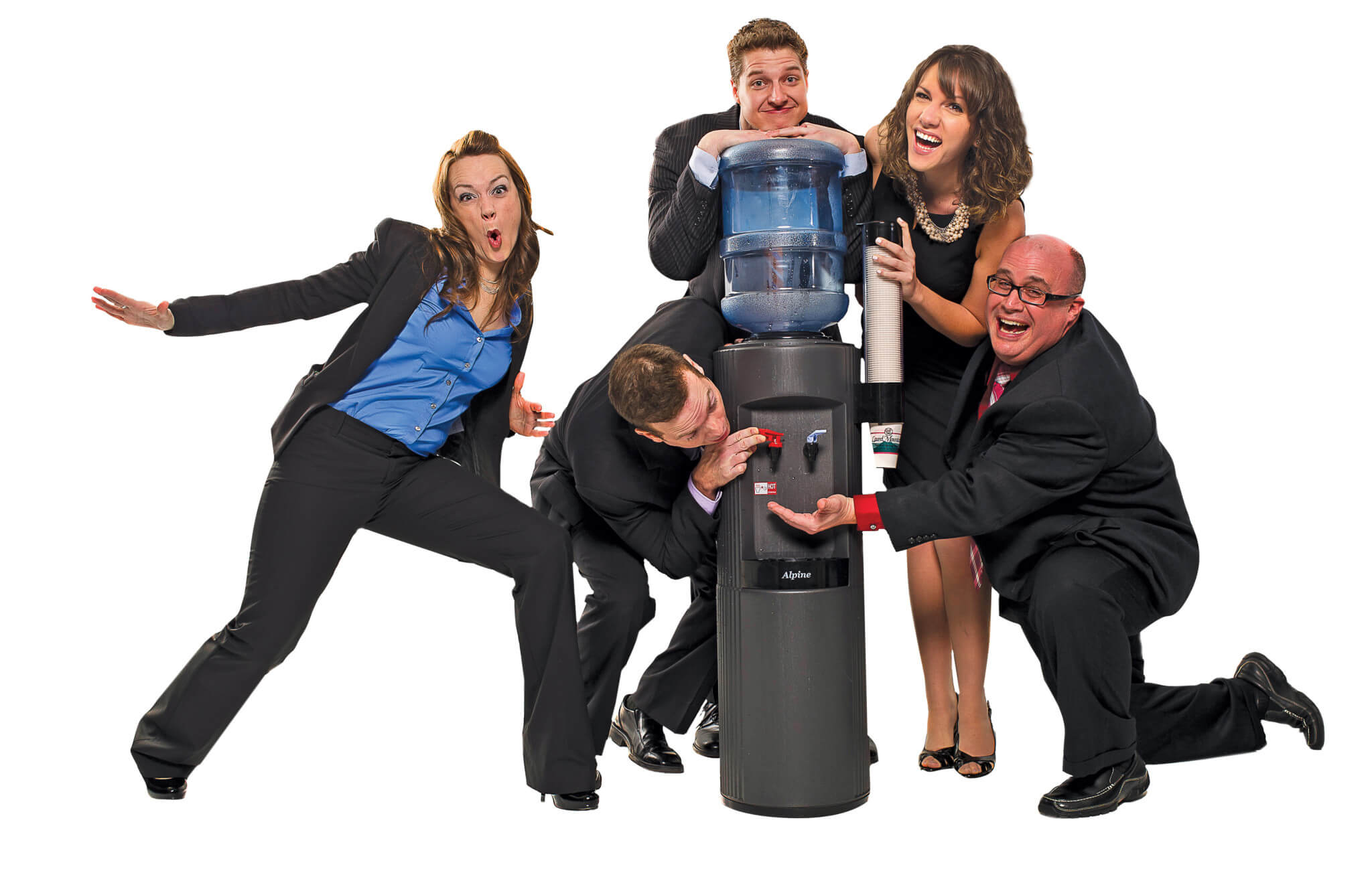 five office employees around a water cooler laughing posing and playing