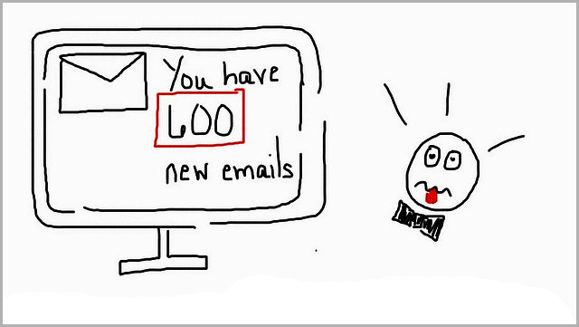 a drawing of a computer screen with 600 new emails and a face in disturbed shock
